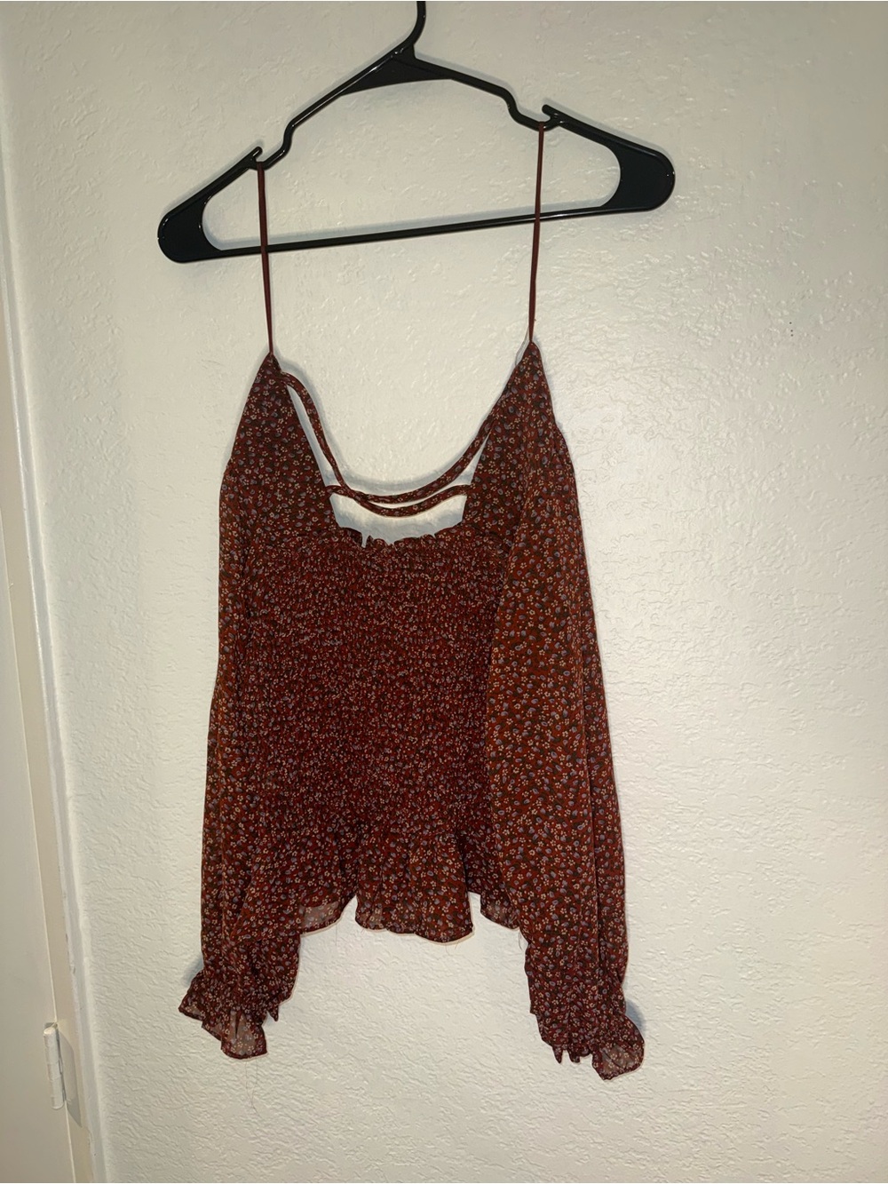 Papaya Rust Floral Smocked Spaghetti- Strap Top